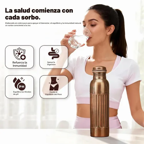 Vista 3 de Botella de agua de cobre antiguo para beber, recipiente de cobre de 32 onzas, botella ayurvédica grande para gimnasio, yoga, oficina, senderismo