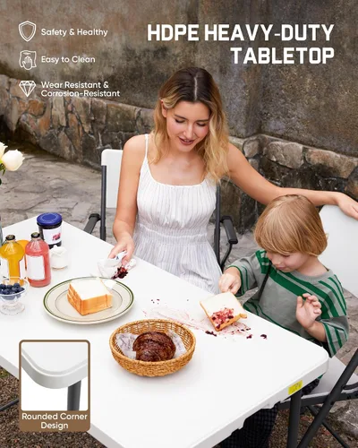 Vista 9 de FanttikOutdoor Folding Table 4 Foot Quick Adjust Portable Plastic 4 Heights Granito blanco