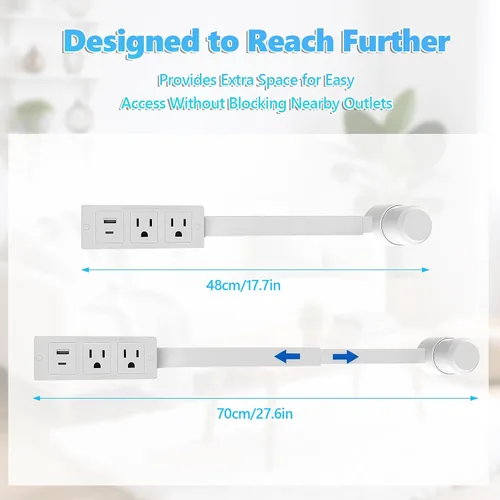 Vista 3 de Extensor de toma de corriente, 18-28 pulgadas, USB-A USB-C, 2 CA
