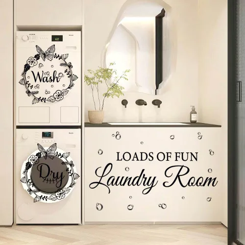 Vista 5 de Calcomanías de pared para cuarto de lavado, calcomanías de vinilo de burbujas secas con texto en inglés «Today Naked Tomorrow»