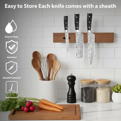 Vista 8 de Juego de cuchillos de chef profesional, juego de cuchillos de cocina de 3 piezas, juego de cuchillos de acero inoxidable de alto carbono