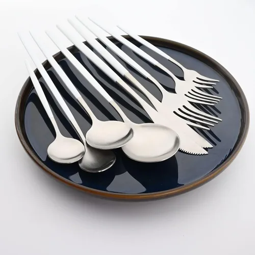 Vista 4 de Cubiertos de plata blanca pulida mate, diseño ligero, 36 piezas de acero inoxidable, juego de cubiertos de servicio para 6, incluyendo tenedores