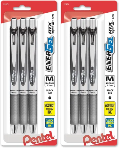 Vista 9 de Pentel® Energel® Deluxe RTX Bolígrafos de gel, punto Mediano, 0.7mm, barriles surtidos, tinta color negro, paquete de 3