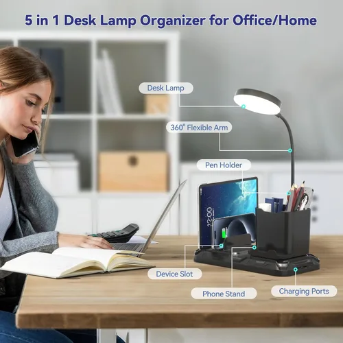 Vista 3 de KDD Lámpara de escritorio con puertos de carga USB A y C, luz de escritorio de lectura con bolígrafo y soporte para teléfono, luces de brillo