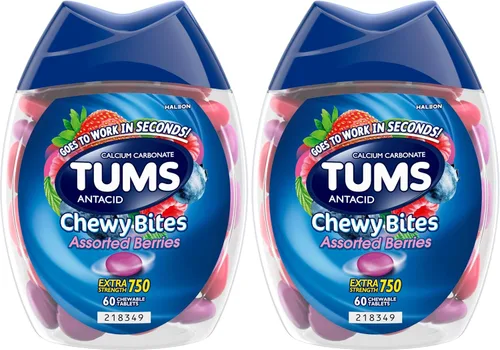 Vista 9 de TUMS Chewy Bites - Tabletas antiácidas para alivio masticable de la acidez estomacal y alivio de la indigestión ácida, bayas surtidas, 60