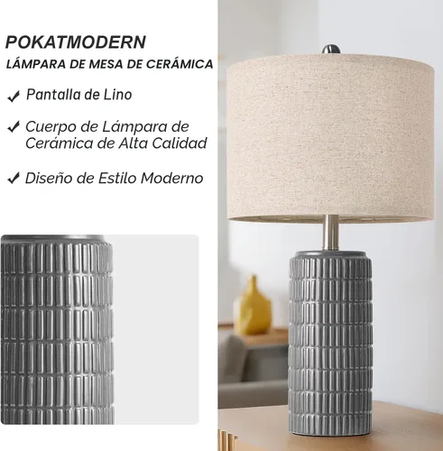 Vista 5 de PoKat Juego de 2 lámparas de mesa de cerámica gris oscuro de 23 pulgadas para sala de estar, lámparas de noche modernas para dormitorio, lámpara