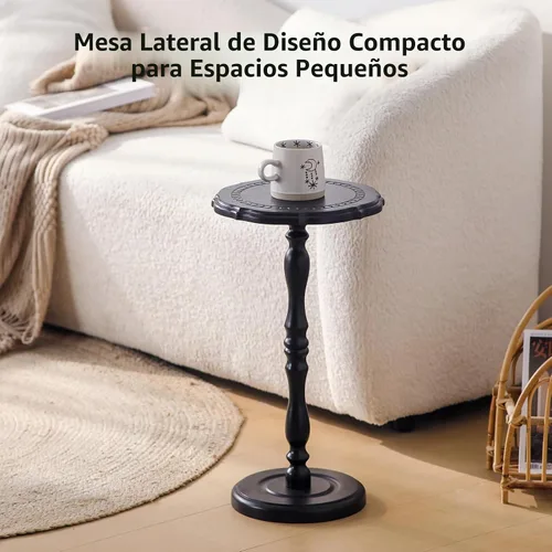 Vista 6 de Mesa de bebidas, mesa auxiliar pequeña para espacios pequeños, mesita de noche redonda de madera maciza moderna para sala de estar, dormitorio, Negro