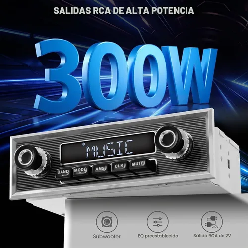 Vista 5 de Radio retro vintage para vehículo clásico – Estéreo de coche Bluetooth de un solo DIN con AM FM USB AUX EQ subwoofer salida RCA