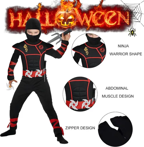 Vista 5 de Disfraz de ninja para niños, disfraz de ninja con máscara negra y accesorios de espuma ninja para Halloween