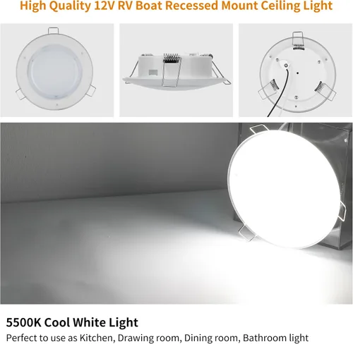 Vista 7 de RVZONE Luz LED de Techo Empotrada para RV Barco de 4.5 Pulgadas, Luz LED de Disco para RV de 12 Voltios Blanco Frío, Iluminación Interior Downlight