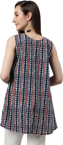 Vista 7 de Janasya Camiseta india de algodón azul marino con estampado geométrico para mujer