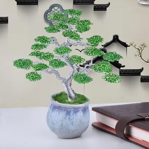 Vista 2 de rockcloud Escultura de árbol de dinero de alambre de aluminio con base de cerámica, bonsái de Feng Shui, decoración de oficina en casa para suerte