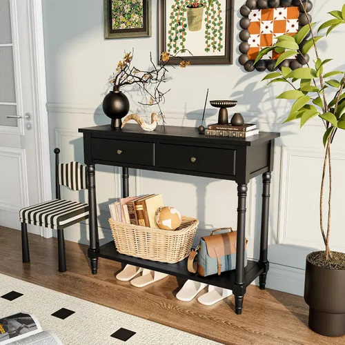 Vista 2 de SFZ-004BK - Mesa de entrada de madera maciza con 2 cajones, mesa de sofá decorativa con estante de almacenamiento, mesa de entrada estrecha