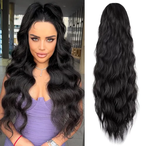 Vista 13 de FREEMEIGE Extensión de Cola de Caballo de 22 Pulgadas Negro Mezclado con Burdeos Larga Ondulada con Cordón Extensión de Cola de Caballo para Mujeres