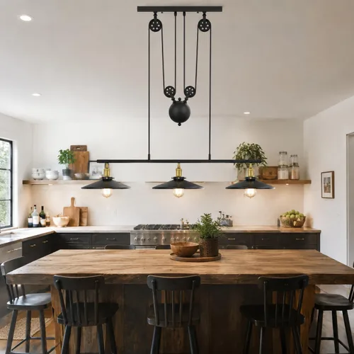 Vista 7 de WINSOON Lámpara de 3 cabezas con diseño de poleas creativo, hierro pintado de negro, luz para isla, bar, colgante retro Matte Black Metal E26