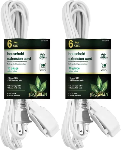 Vista 16 de Go Green Power Inc. Cable de extensión para el hogar de 16/2 de 6 pies con 3 tomas, color marrón, discreto, sin torceduras, cubiertas de seguridad