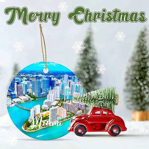 Vista 6 de America Miami Cityscape - Adorno de Navidad de cerámica con dos caras impreso, 3 pulgadas, divertido círculo de cerámica de Navidad para Año Nuevo