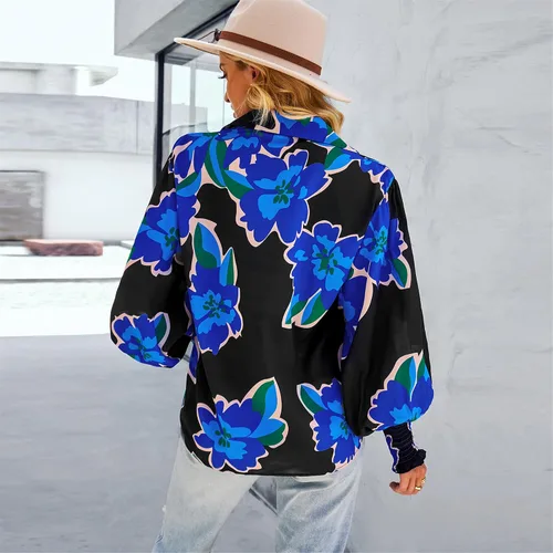 Vista 7 de AELSON Blusa de manga larga con cuello en V y estampado floral para mujer, estilo bohemio, con botones