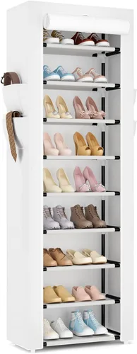 Vista 10 de Zapatero con cubierta, organizador de zapatos estrecho con 4 bolsillos laterales, estante alto de 10 niveles, almacenamiento para 18-22 pares