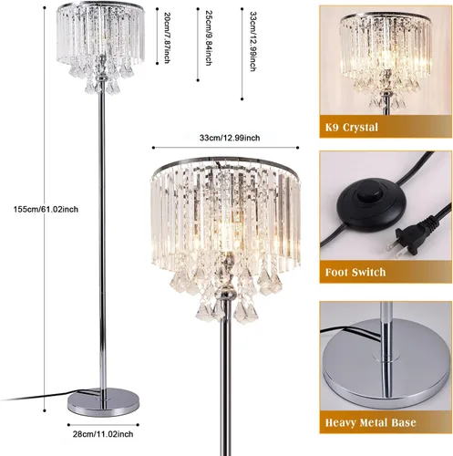 Vista 4 de beaysyty Modern Elegance - Lámpara de pie de cristal, interruptor de pie de encendido/apagado, 3 luces de cristal y cristal, lámpara de esquina