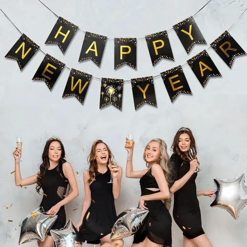 Vista 4 de MiniRed Cartel de Año Nuevo 2026, pancarta de feliz año nuevo con letra dorada brillante, suministros de decoración de fiesta de Año Nuevo 2026.