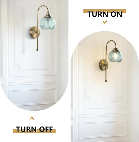 Vista 3 de KCO Lighting - Lámpara de pared vintage con globo de vidrio verde y brazo de latón cepillado - Aplique de globo grande, acabado dorado - Lámpara
