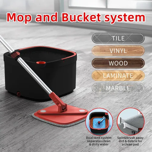 Vista 2 de Trapeador giratorio y cubo con sistema de agua sucia y limpia M16 con 2 almohadillas, cabezal de trapeador giratorio de 360° y cubo para piso