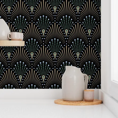 Vista 8 de Muestras de papel tapiz para despegar y pegar, ventilador Art Deco negro, verde, marrón, dorado, geométrico, puntos geométricos, papel tapiz