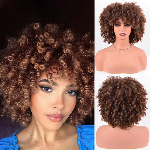 Vista 25 de Vitorish Peluca corta afro rizada con flequillo para mujeres negras, peluca sintética resistente al calor, color negro natural, para uso diario
