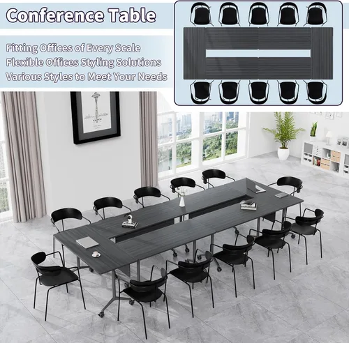 Vista 5 de Mesa de conferencias plegable, mesas de sala de conferencias con ruedas, mesa rectangular grande y plegable para reuniones de 6 a 12 personas, mesa