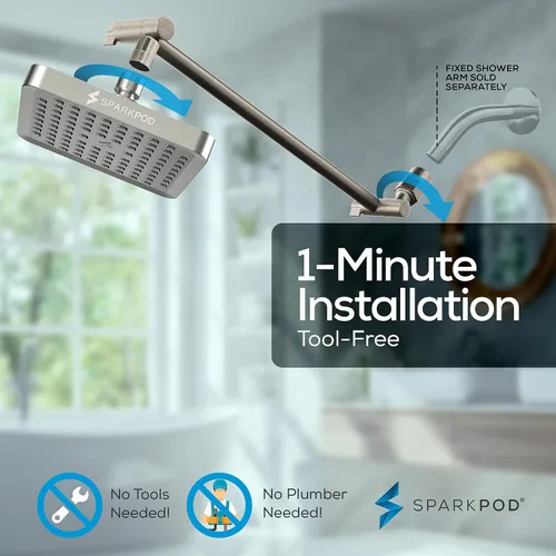 Vista 6 de SparkPod Cabezal de ducha tipo lluvia cuadrado con brazo de extensión, cabezal de ducha de altura ajustable con rendimiento de alta presión, fácil