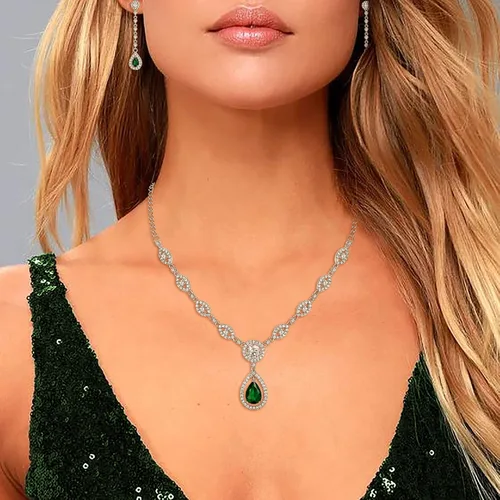 Vista 3 de EVER FAITH Juego de joyas nupciales para mujer, impresionante diseño de lágrima con circonita cúbica y piedra natal, collar y aretes, regalo