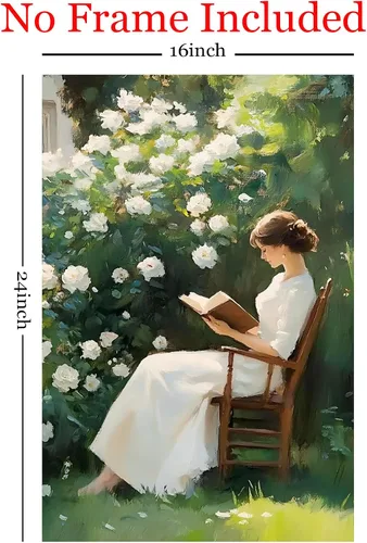 Vista 3 de Póster vintage de mujer en lienzo de lectura para mujer, retrato de mujer, arte de pared victoriano, pintura de dama antigua, póster de jardín