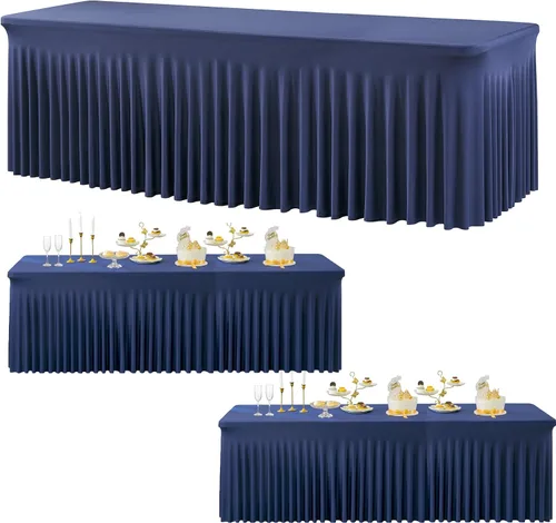 Vista 17 de Paquete de 3 Manteles de Spandex Azul Bebé para Mesas Rectangulares de 6 Pies, Falda de Mesa Azul Elástica Ajustada de 6 Pies para Fiestas de Boda