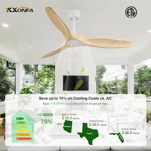 Vista 2 de Ventilador de techo de 52 pulgadas, sin luz, ventiladores de techo de madera para exteriores con control remoto, montaje empotrado, 3 aspas, motor
