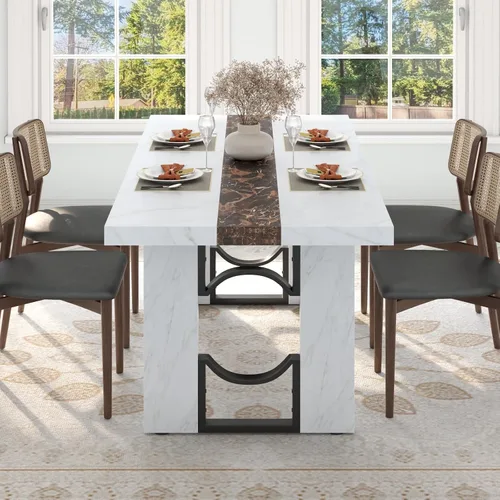 Vista 3 de Mesa de comedor de 71 pulgadas para 6-8 personas, mesa de cocina rectangular grande con mesa de color mármol, mesa de comedor lujosa de 6 pies