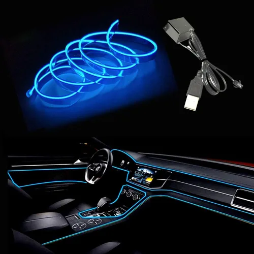 Vista 25 de Tira de luces LED de cable electroluminiscente azul para interior de automóvil, 6.5 pies de cable de neón con controlador USB de 5 voltios