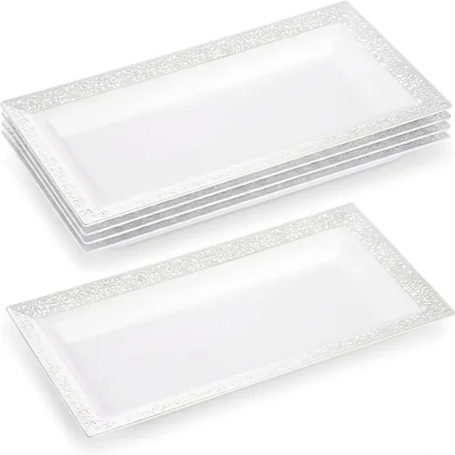 Vista 15 de Bandeja de Servir de Plástico Transparente (Paquete de 4) Bandejas y Platos Desechables Transparentes con Borde Dorado para Servir Alimentos