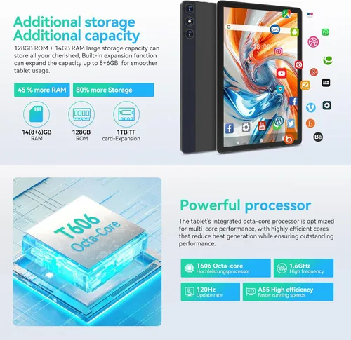 Vista 2 de Tablet Android 14 2 en 1 de 10 pulgadas con teclado/funda, 14 GB de RAM, 128 GB de ROM (TF 1 TB), Octa-Core, pantalla Incell, WiFi 5G+4G LTE