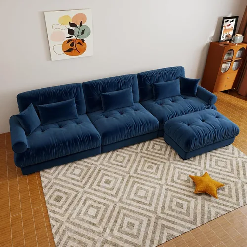Vista 97 de Sofá modular de gran tamaño de 94 pulgadas, sofás seccionales grandes de color beige y blanco para sala de estar, juego de sofá de terciopelo, sofás
