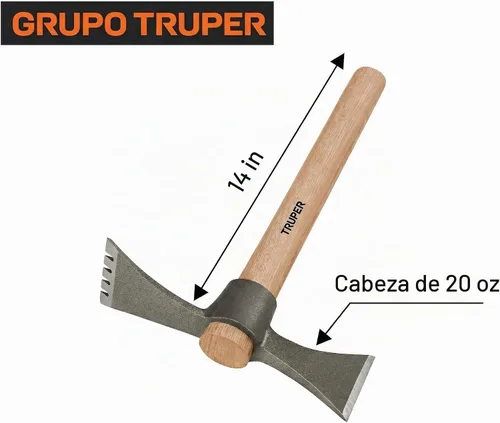 Vista 3 de Truper Herramienta Mattock-Axe, cabeza de acero cromado 5160 forjado de 20 onzas con cincel de 3-3/8 pulgadas, longitud total de 14 pulgadas, mango