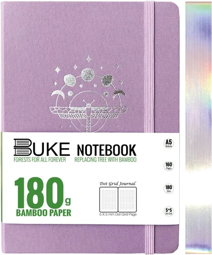 Vista 10 de BUKE Cuaderno de cuadrícula de puntos, papel blanco de bambú de 6.35 oz/m², 5 puntos de 0.197 x 0.197 in, 160 páginas, encuadernación plana, bordes