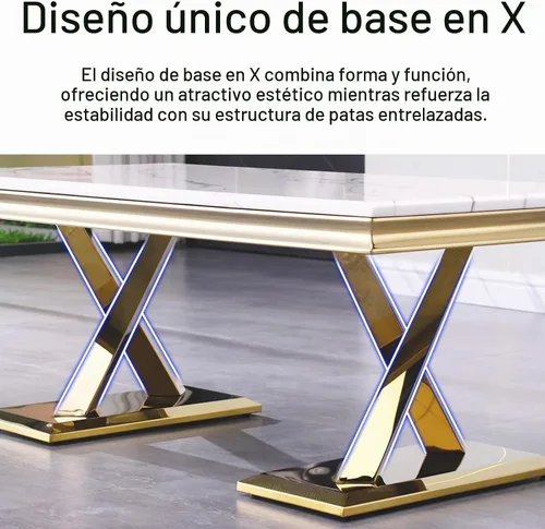 Vista 8 de ACEDÉCOR Mesa de centro dorada, mesa central de lujo para sala de estar con mesa blanca y base en X pulida dorada, mesa de té rectangular para sala