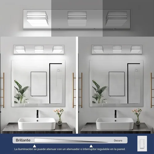 Vista 3 de Lámparas LED modernas para tocador de baño (3 luces, 24 pulgadas) (5CCT, regulable), accesorios de iluminación de pared de baño modernos cromados