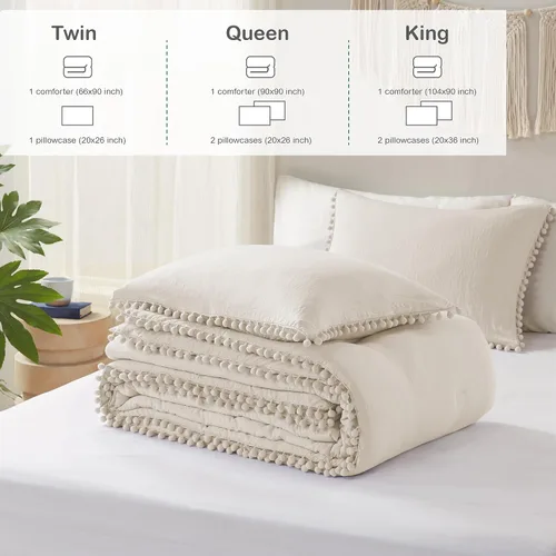 Vista 5 de Codi Juego de edredón beige tamaño King, ropa de cama bohemia chic con elegantes flecos de pompones, juego de lujo de 3 piezas de microfibra lavada