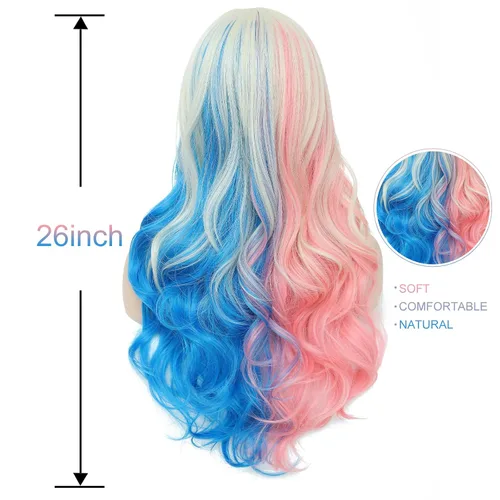 Vista 6 de AISI QUEENS Peluca Harley Quinn para niñas, peluca Harley Quinn de Halloween, peluca de payaso para mujer, peluca rosa y azul para mujer, uso diario