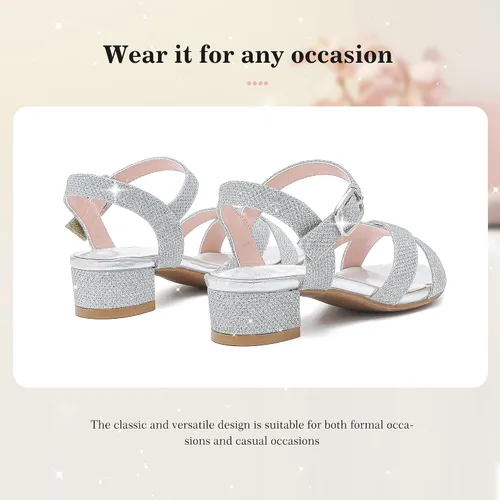 Vista 6 de Sandalias para niñas, tacones para niños, puntera abierta, correa al tobillo, zapatos de vestir, flores para boda, fiesta para niños pequeños