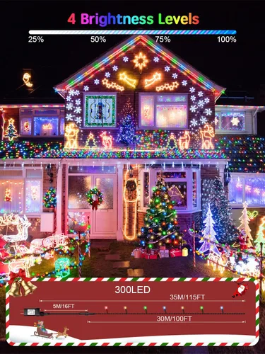 Vista 2 de Acan - 300 luces LED para Navidad al aire libre, 115 pies, luces multicolores para árbol de Navidad con control remoto, 8 modos de iluminación