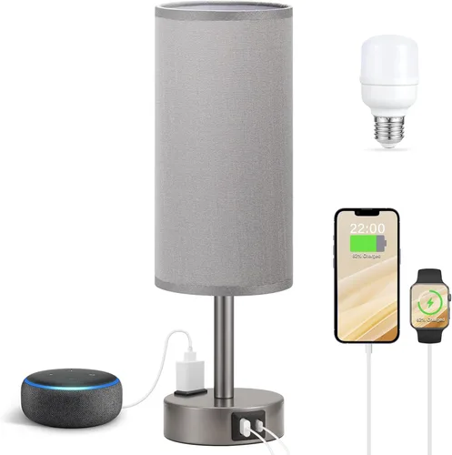 Vista 23 de Fenmzee Juego de lámparas de mesa pequeñas táctiles regulables de 2 a 3 vías, carga USB A + C, salida de CA, base de grano de madera, bombillas