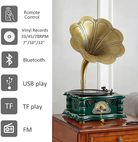 Vista 2 de Tocadiscos vintage de madera para gramófono, tocadiscos de fonógrafo retro, tocadiscos de 3 velocidades para discos de vinilo con reproducción